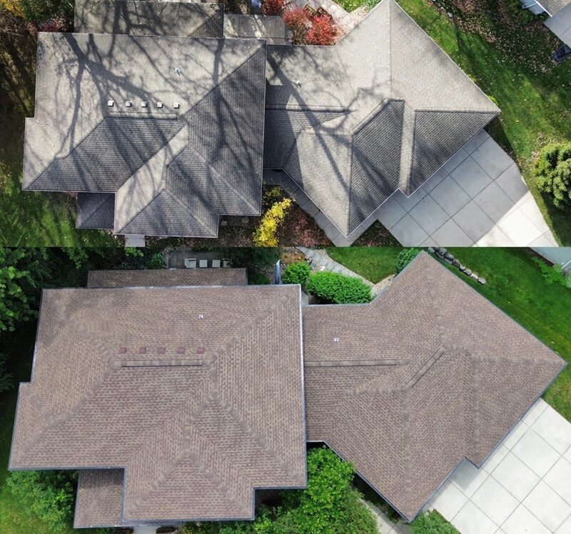 Aerial before and after of a Belvidere IL roof replacement, worn gray shingles above and new brown architectural shingles below