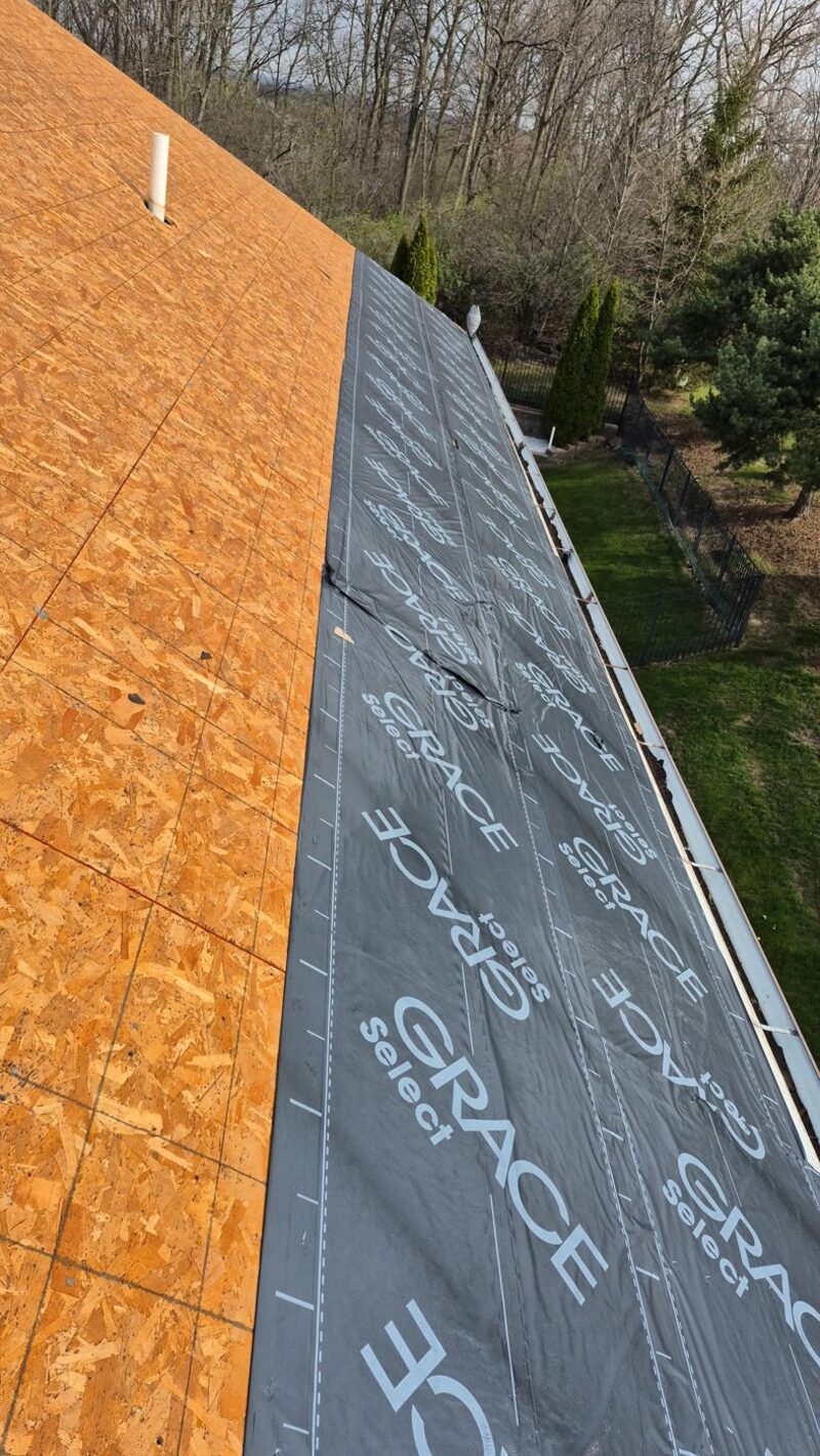 Grace ice and water shield installed past the exterior wall line on a fresh OSB roof deck in Belvidere IL
