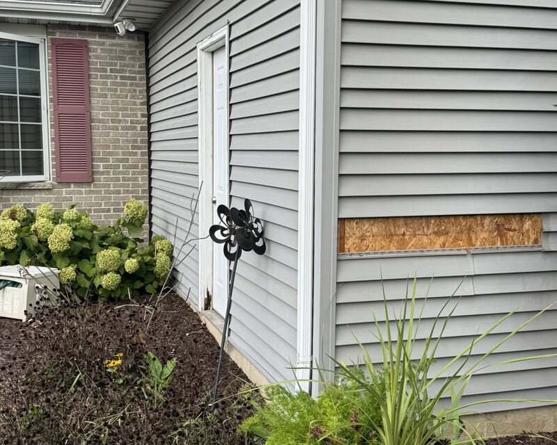 Vinyl siding repair on a Belvidere IL home, a damaged grey lap panel removed to expose the wall sheathing, surrounding siding intact