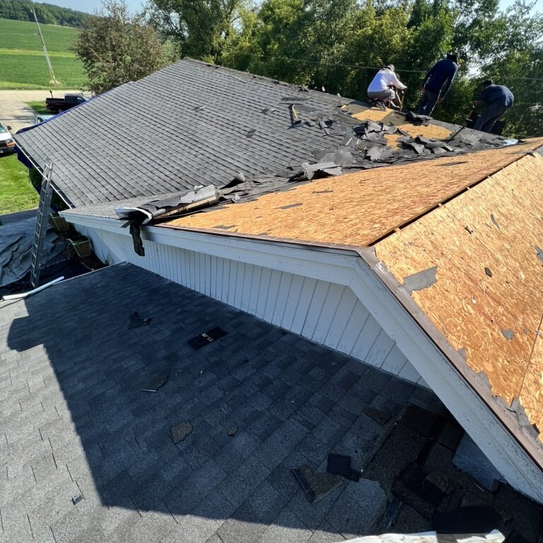 Beloit WI roofing contractor crew tearing off old shingles down to the bare roof deck, with farmland and rolling hills behind